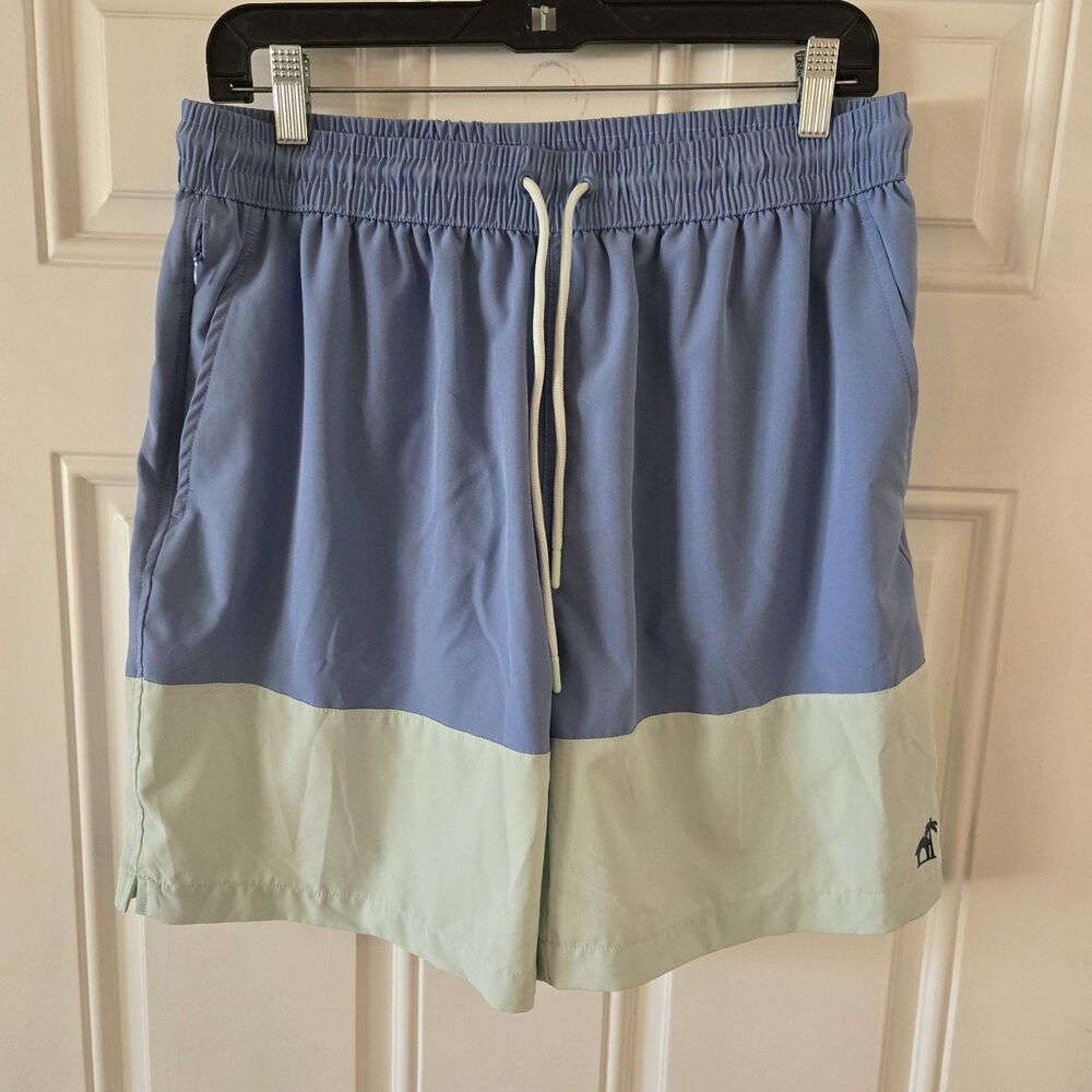 Caribbean Joe Swim Trunks Mens L Blue Green Colorblock 7" Inseam Lined Surf Beac